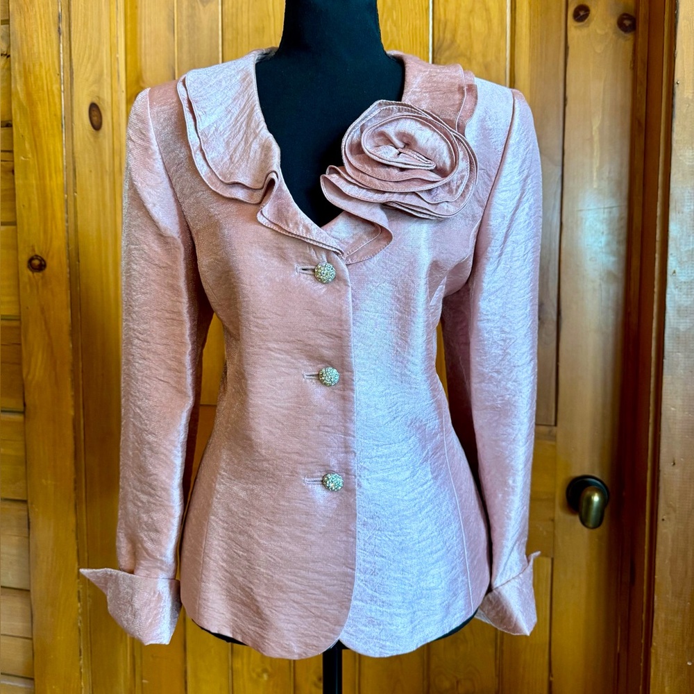 Dusty Pink Kasper Jacket with Rosette Accent & Vintage Faux Jeweled Buttons (12) - Picture 3 of 17
